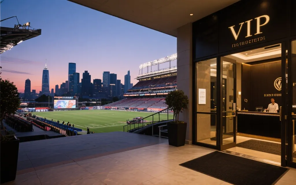 球场贵宾接待区与城市夜景的组合画面，体现赛事与城市经济联动