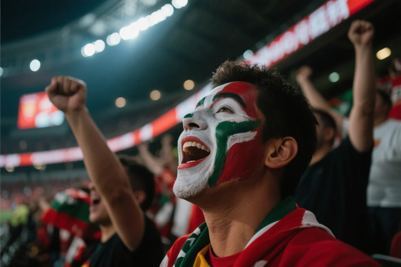 球场看台上，脸部彩绘的球迷在灯光下欢呼，近景，浅景深，纪录片风格