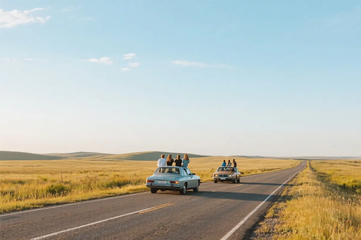 小团体自驾穿过开阔自然风景，车内温馨，远处天空清澈