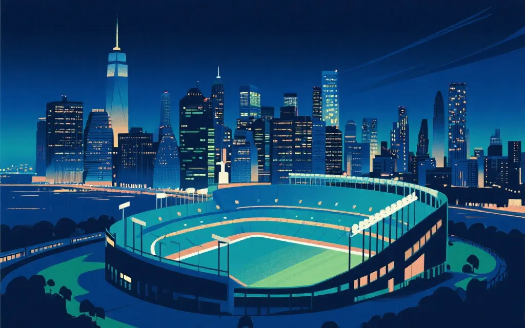 纽约/新泽西城市天际线与大型体育场的夜景概念图，象征2026世界杯决赛城市